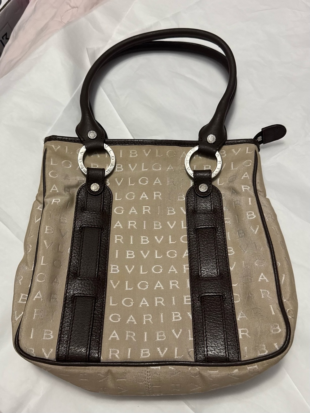 Bvlgari AUTHENTIC Vintage Logo Mania Tan & Brown Tote Shoulder Bag Bulgari - Picture 6 of 16